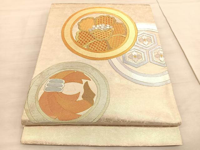 平和屋着物◎太鼓柄袋帯 駒刺繍 束ね熨斗花丸文 金銀糸 引箔 正絹 逸品 BAAV5323hv