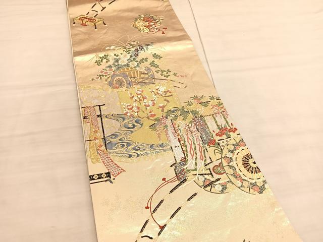 平和屋着物◎六通柄袋帯 唐織 瑞光綴織 御所車屏風花文 金糸 正絹 逸品 BAAV5333hv