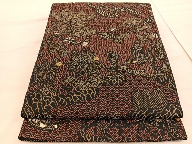 平和屋着物●六通柄 本袋帯 唐織 押朱仙遊図 黒地 金糸 正絹 逸品 BAAV5356hv