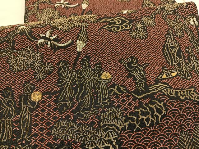 平和屋着物●六通柄 本袋帯 唐織 押朱仙遊図 黒地 金糸 正絹 逸品 BAAV5356hv