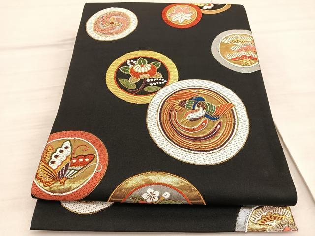 平和屋着物●六通柄袋帯 唐織 鳳凰花蝶丸文 黒地 金銀糸 正絹 逸品 BAAV5497hv