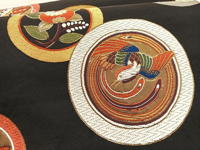 平和屋着物●六通柄袋帯 唐織 鳳凰花蝶丸文 黒地 金銀糸 正絹 逸品 BAAV5497hv