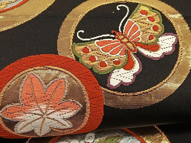 平和屋着物●六通柄袋帯 唐織 鳳凰花蝶丸文 黒地 金銀糸 正絹 逸品 BAAV5497hv