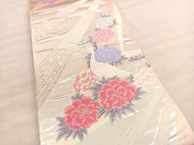平和屋着物◎六通柄袋帯 唐織 孔雀牡丹文 銀糸 正絹 逸品 BAAV5586hv