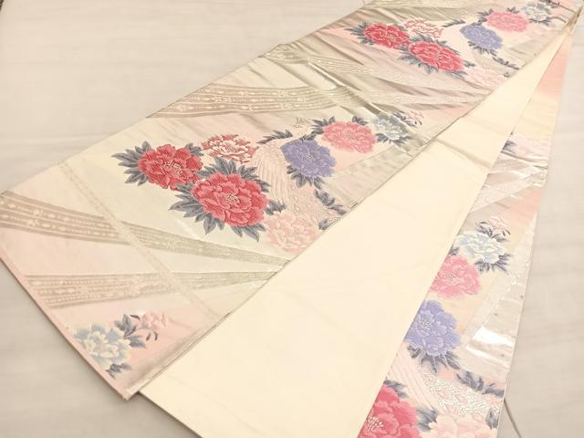 平和屋着物◎六通柄袋帯 唐織 孔雀牡丹文 銀糸 正絹 逸品 BAAV5586hv
