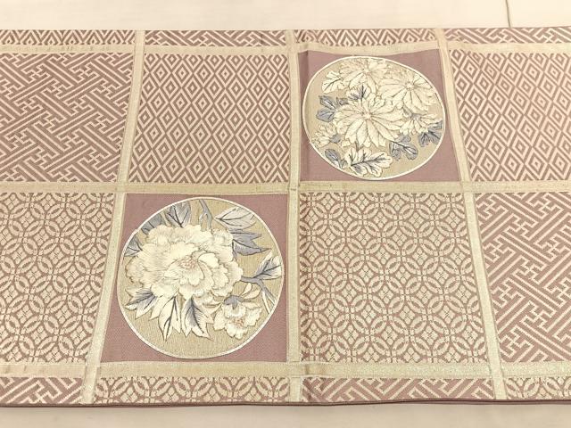 平和屋着物◎六通柄袋帯 駒刺繍 格子有職花丸文 銀彩 正絹 逸品 BAAV5597hv