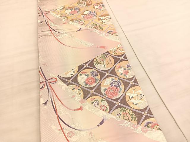 平和屋着物◎両面 六通柄袋帯 唐織 菱天井飛鶴花丸文 本うる志箔 正絹 逸品 BAAV5663hv