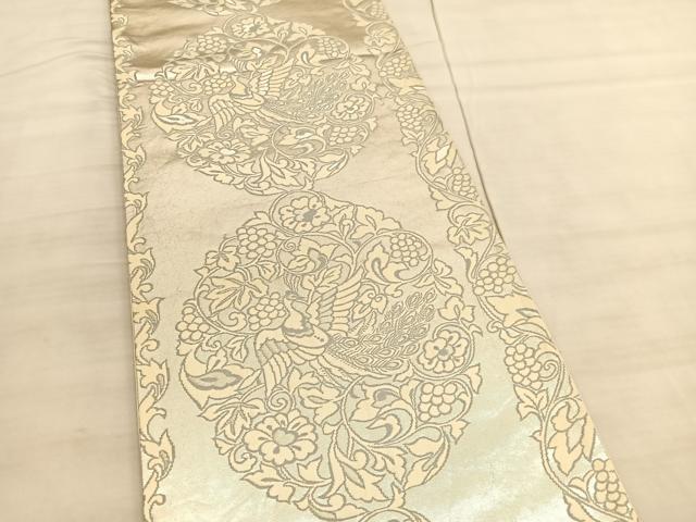 平和屋着物◎六通柄袋帯 孔雀花唐草文 銀糸 正絹 逸品 BAAV5674hv