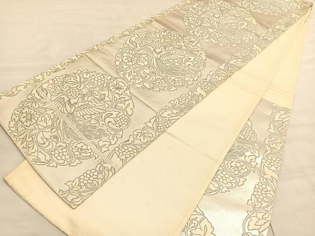 平和屋着物◎六通柄袋帯 孔雀花唐草文 銀糸 正絹 逸品 BAAV5674hv