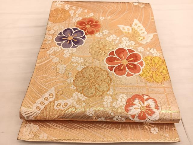 平和屋着物○六通柄袋帯 唐織 花蝶文 金糸 正絹 逸品 DABE6220cm 平和