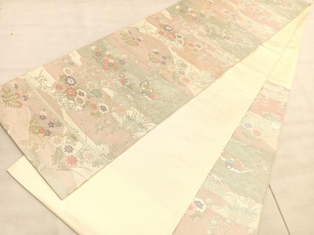 平和屋着物◎西陣 服部織物謹製 六通柄袋帯 唐織 鴛鴦花文 銀糸 正絹 逸品 BAAV5796hv