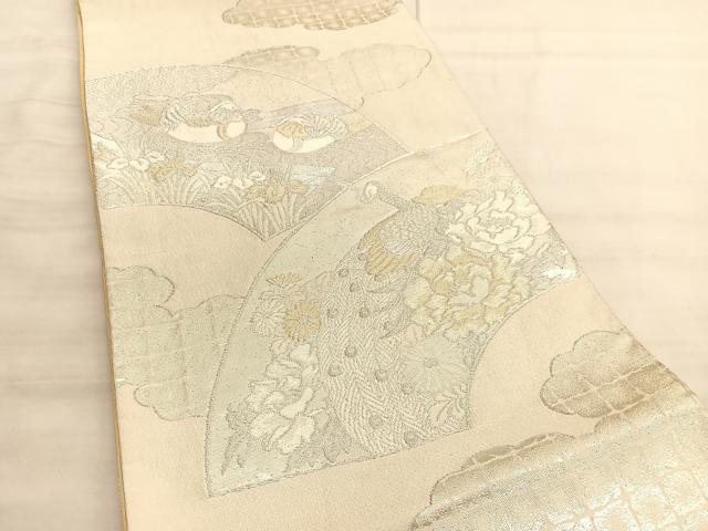 平和屋着物◎西陣 美保姿 染色図案家 橋閑歩 両面 全通柄袋帯 地紙花鳥文 金銀糸 正絹 逸品 BAAV5815hv