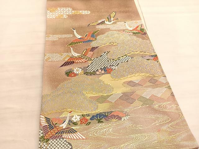 平和屋着物◎六通柄袋帯 唐織 有職飛鶴松文 金糸 正絹 逸品 BAAV5918hv