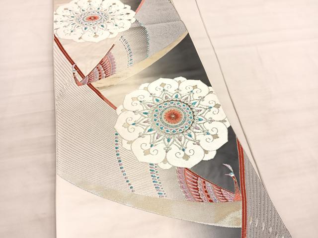 平和屋着物◎六通柄袋帯 唐織 孔雀花文 銀糸 正絹 逸品 BAAV5940hv