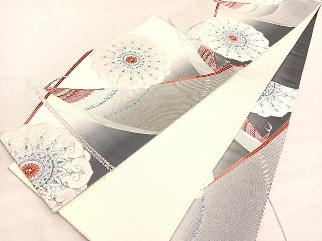 平和屋着物◎六通柄袋帯 唐織 孔雀花文 銀糸 正絹 逸品 BAAV5940hv