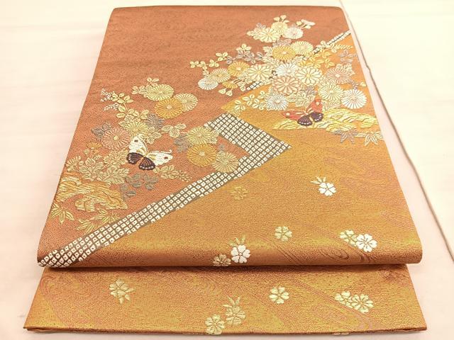 平和屋着物◎六通柄袋帯 唐織 花蝶文 金糸 正絹 逸品 BAAV5942hv