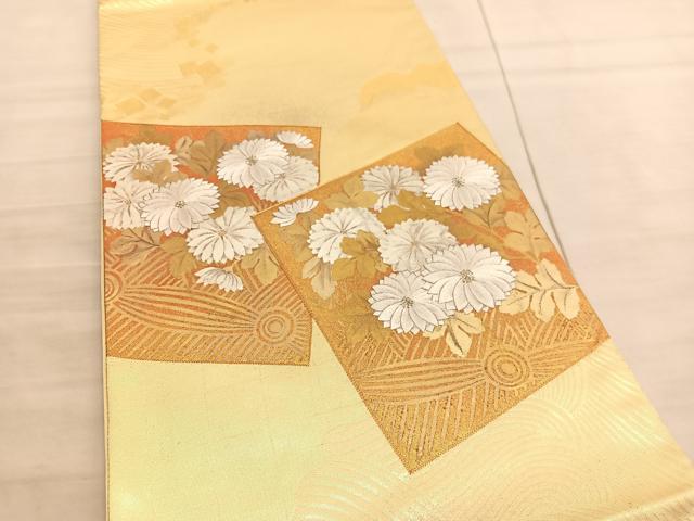 平和屋着物◎太鼓柄袋帯 駒刺繍 色紙菊文 金銀彩 引箔 正絹 逸品 BAAV5983hv