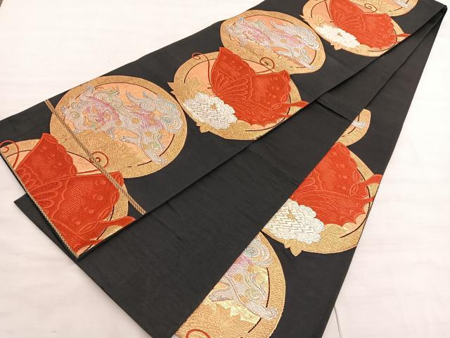 平和屋着物◎六通柄袋帯 唐織 獅子花蝶丸文 黒地 金銀糸 正絹 逸品 BAAV5991hv
