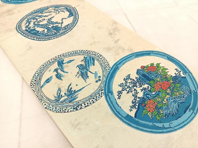 平和屋着物◎六通柄袋帯 唐織 風景花絵皿文 銀糸 引箔 正絹 逸品 BAAV6414yc