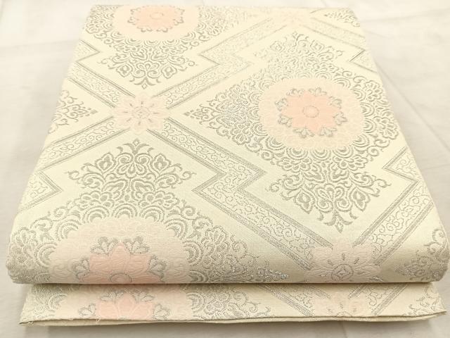 平和屋着物◎六通柄袋帯 唐織 松皮菱花文 銀糸 正絹 逸品 BAAV6416yc