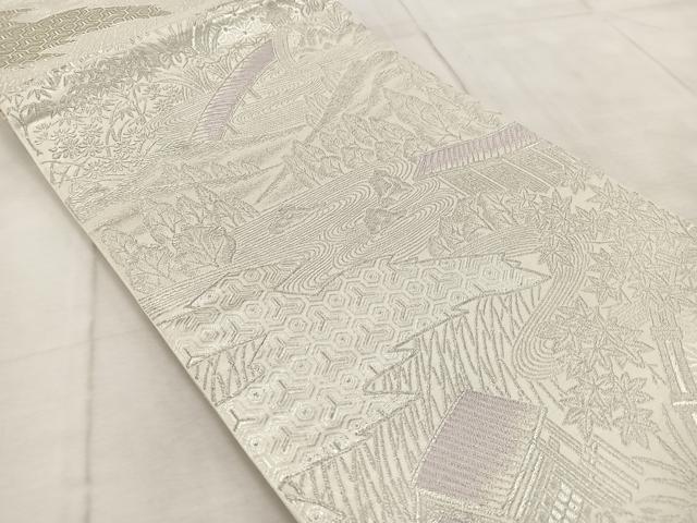 平和屋着物◎六通柄袋帯 唐織 流水風景文 銀糸 正絹 逸品 BAAV6429yc