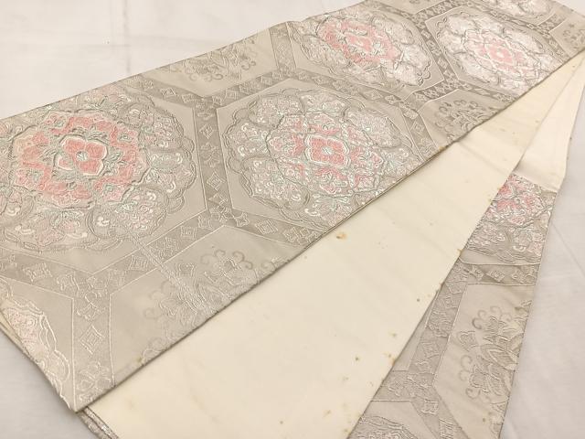 平和屋着物◎六通柄袋帯 唐織 みゆき 亀甲花文 銀糸 正絹 逸品 BAAV6456yc