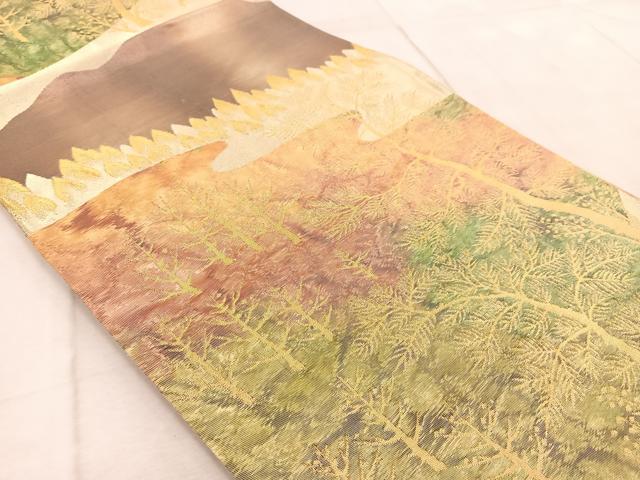 平和屋着物◎六通柄袋帯 遠山樹林文 金銀糸 引箔 正絹 逸品 BAAV6463yc