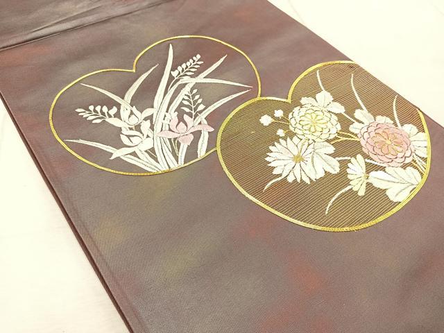 平和屋着物◎太鼓柄袋帯 駒刺繍 団扇花文 銀糸 引箔 正絹 逸品 BAAV6506yc