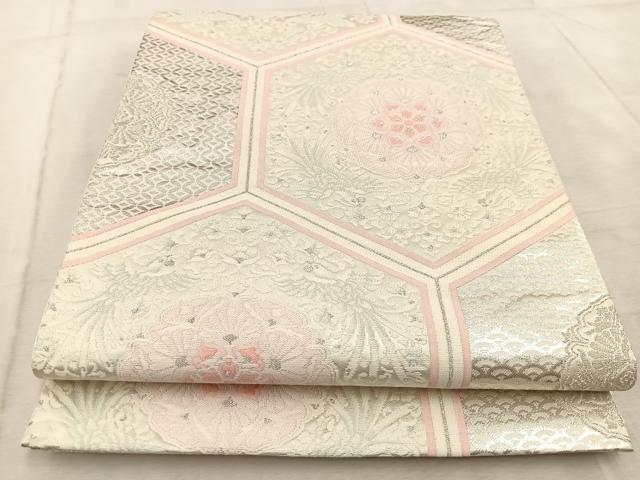 平和屋着物◎六通柄袋帯 亀甲花鳥文 銀糸 正絹 逸品 BAAV6508yc