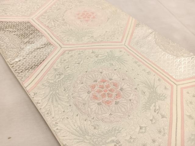 平和屋着物◎六通柄袋帯 亀甲花鳥文 銀糸 正絹 逸品 BAAV6508yc