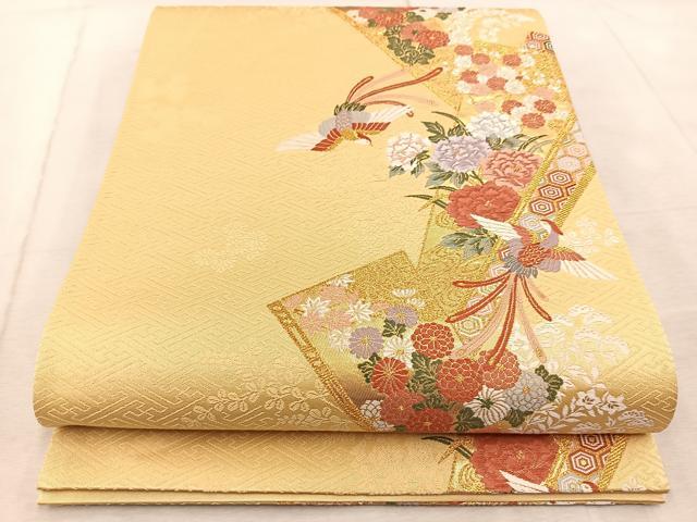 平和屋着物◎六通柄袋帯 唐織 鳳凰扇花文 金糸 正絹 逸品 BAAV6563yc