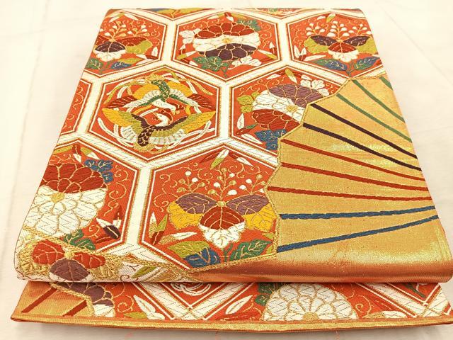 平和屋着物◎六通柄袋帯 唐織 鳳凰扇面花文 金糸 正絹 逸品 BAAV6568yc