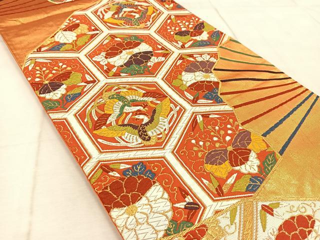 平和屋着物◎六通柄袋帯 唐織 鳳凰扇面花文 金糸 正絹 逸品 BAAV6568yc