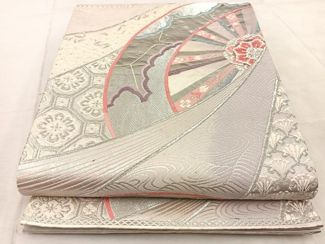 平和屋着物◎六通柄袋帯 唐織 裂取御車紋 プラチナ箔 正絹 逸品 BAAV6571yc