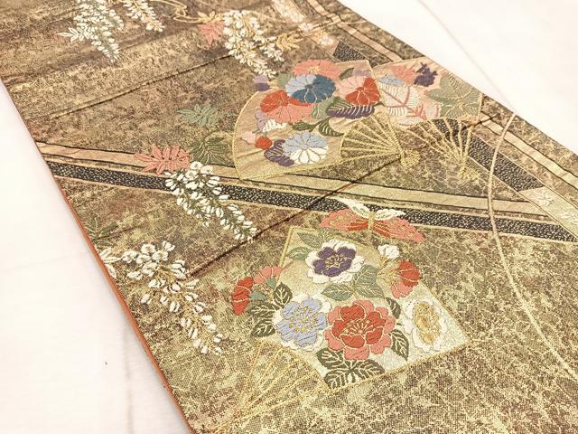 平和屋着物◎六通柄袋帯 唐織 扇面花蝶文 金糸 正絹 逸品 BAAV6594yc