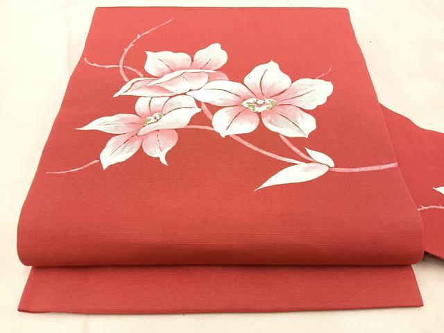 平和屋着物◎塩瀬 九寸名古屋帯 手描き 紬地 草花文 金彩 正絹 逸品 BAAV6606yc