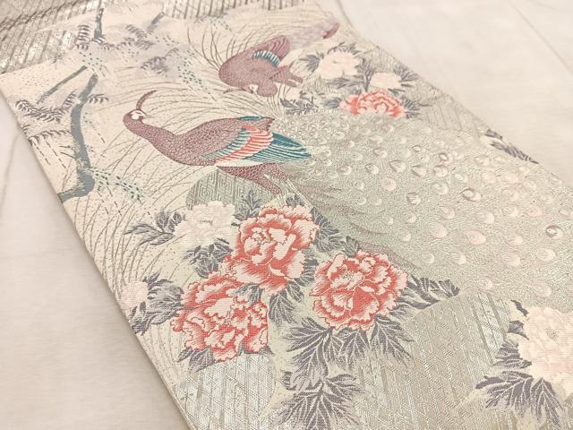 平和屋着物◎六通柄袋帯 唐織 瑞祥孔雀文 プラチナ箔 正絹 逸品 BAAV6626yc