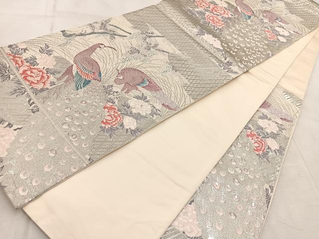 平和屋着物◎六通柄袋帯 唐織 瑞祥孔雀文 プラチナ箔 正絹 逸品 BAAV6626yc