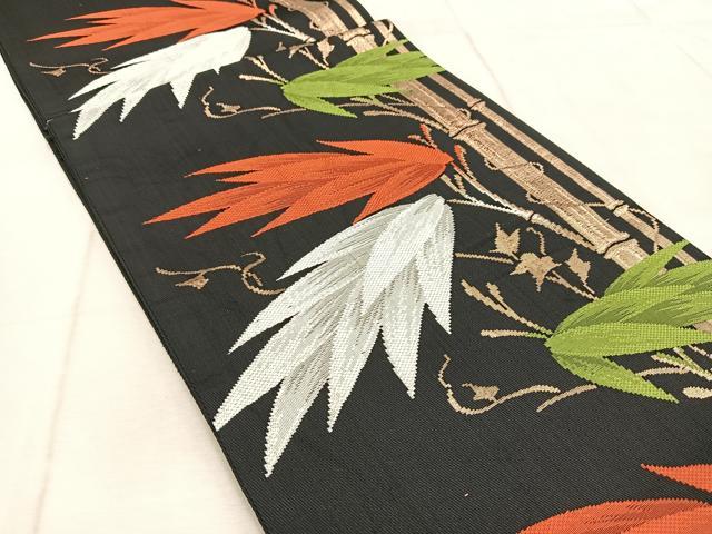 平和屋着物◎六通柄袋帯 唐織 笹竹文 黒地 金糸 BAAV6637yc