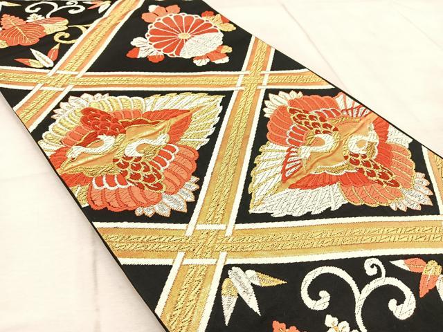平和屋着物◎六通柄袋帯 唐織 双鶴菱天井花文 黒地 金銀糸 正絹 逸品 BAAV6650yc
