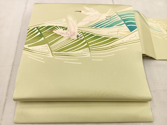 平和屋着物●本加賀友禅作家 庄田和晃 塩瀬 九寸名古屋帯 友禅 トキ 若菜色 正絹 逸品 BAAV6660yc