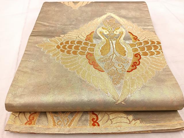 平和屋着物◎六通柄袋帯 唐織 祥鶴菱文 金糸 引箔 正絹 逸品 BAAV6675yc