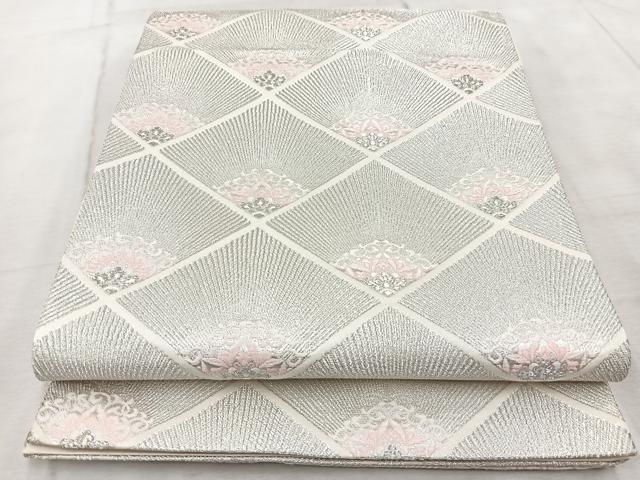平和屋着物◎六通柄袋帯 唐織 菱繋ぎ花文 銀糸 正絹 逸品 BAAV6683yc
