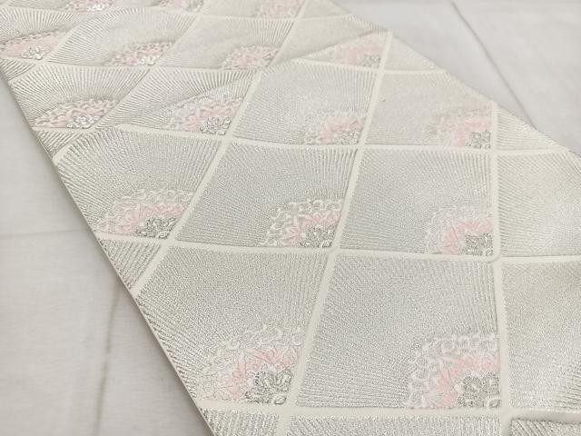 平和屋着物◎六通柄袋帯 唐織 菱繋ぎ花文 銀糸 正絹 逸品 BAAV6683yc