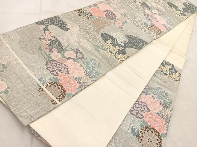 平和屋着物◎六通柄袋帯 唐織 桃山調花車文 九百錦 プラチナ箔 正絹 逸品 BAAV6690yc