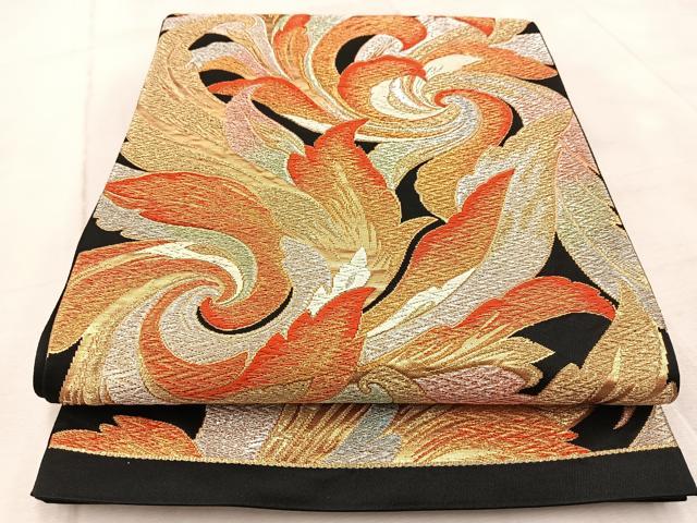 平和屋着物◎六通柄袋帯 唐織 草花文 黒地 金銀糸 正絹 逸品 BAAV6696yc