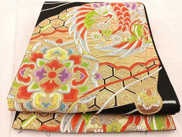 平和屋着物◎六通柄袋帯 唐織 飛鶴雲取り花文 黒地 金銀糸 正絹 逸品 BAAV6698yc