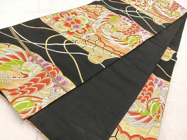 平和屋着物◎六通柄袋帯 唐織 飛鶴雲取り花文 黒地 金銀糸 正絹 逸品 BAAV6698yc