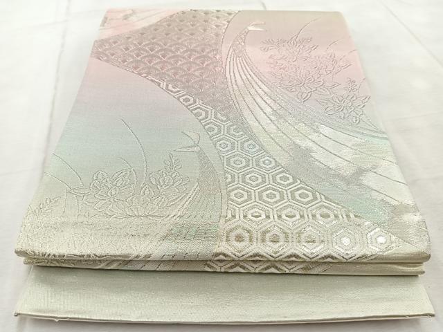 平和屋着物◎西陣 平井織物謹製 たつなみ工芸 六通柄袋帯 孔雀牡丹文 銀糸 証紙付き 正絹 逸品 BAAV6778yc