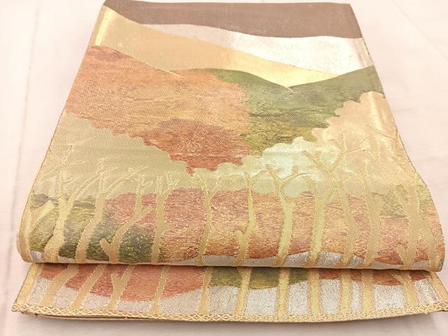 平和屋着物◎六通柄袋帯 遠山木立文 金銀糸 引箔 正絹 逸品 BAAV6785yc